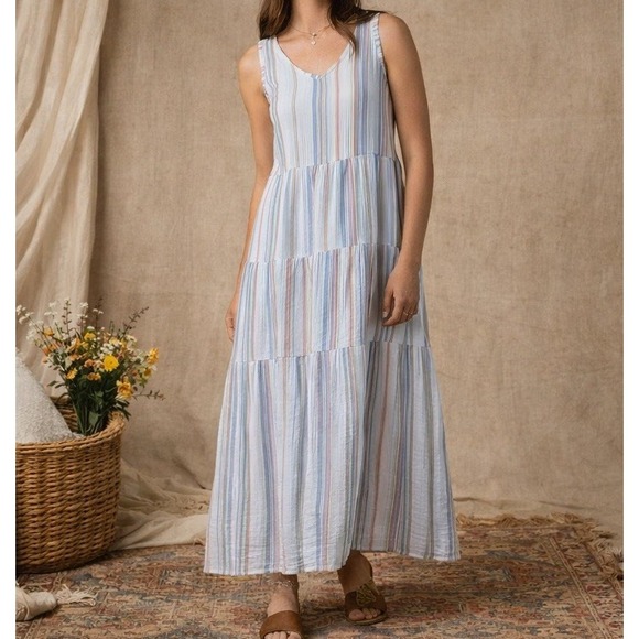 Natural Reflections Dresses & Skirts - Natural Reflections Womens Gauze Tiered Maxi Dress Size L Pastel Stripe V Neck